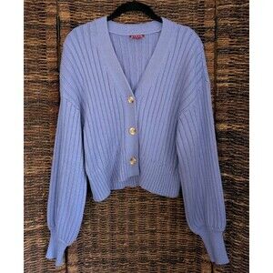 Staud Chunky Knit Cardigan Sweater Balloon Sleeve Purple Preppy Cottagecore Y2K